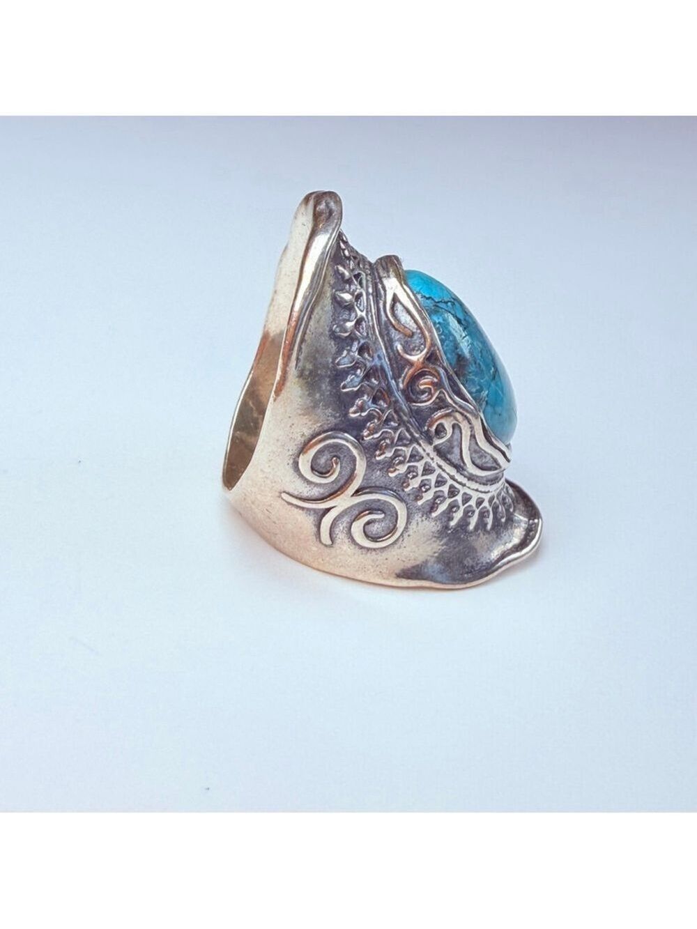 DIDAE 9.5CT Real Eliat Turquoise Sterling Silver Vintage Boho Saddle Israel Ring - Picture 3 of 12